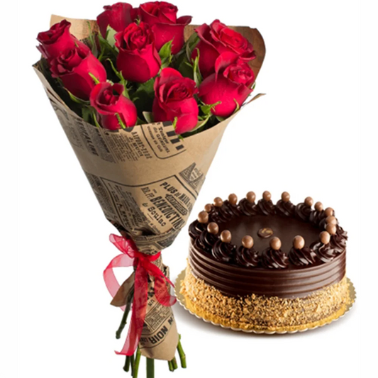 Букет 9 рози и голяма торта от Подари Цвете, доставки в Радомир и Дупница.