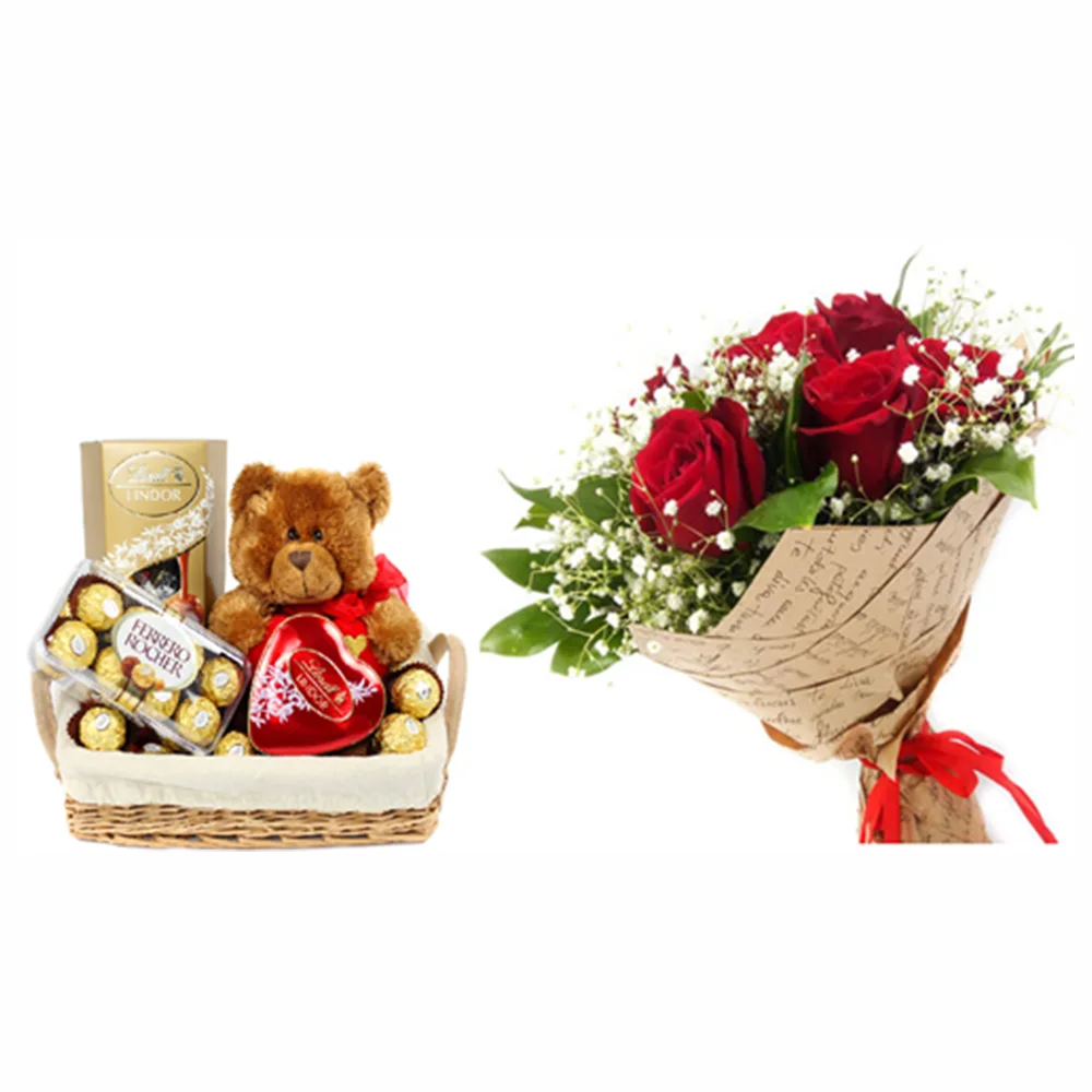 Сет - "Свети Валентин" (Рози, плюшено мече, подаръчна кошница, кутия бонбони) от Подари Цвете, доставки в Радомир и Дупница.