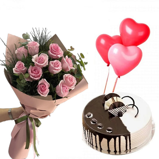 Сет - 11 рози, торта, балони