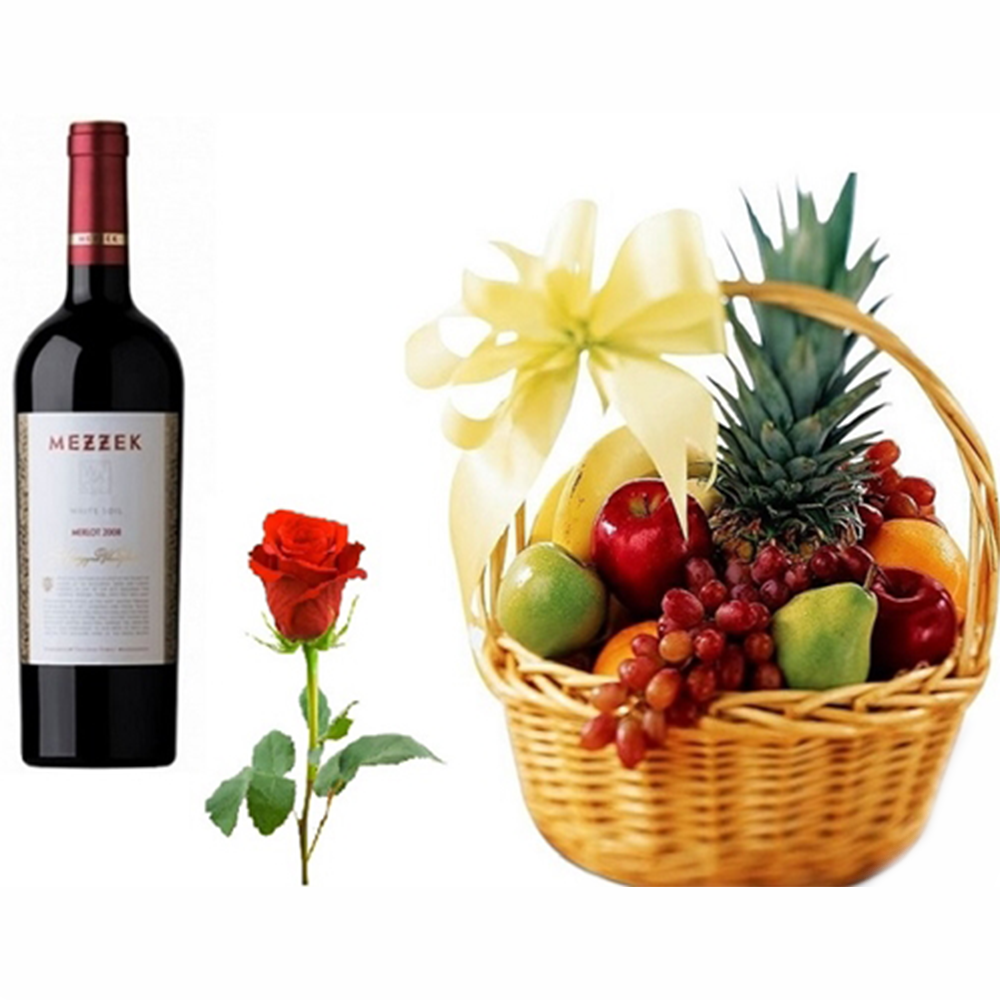Сет - Изненада (Роза, вино, кошница с плодове) от Подари Цвете, доставки в Радомир и Дупница.